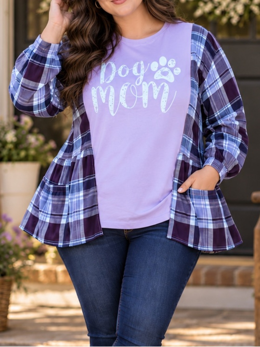 Lily Jean Threads handmade Upcycle "Dog Mom" Graphic Tee with Plaid and Pockets